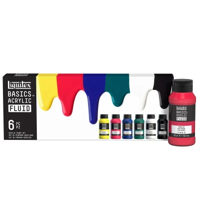 Image of Liquitex 3699430 Basics Fluid Acrylic Paint Set with Flowing Consistency, Quick Drying, Lightfast, Waterproof, Water based, 6 Colour Sets of 118 ml Bottles