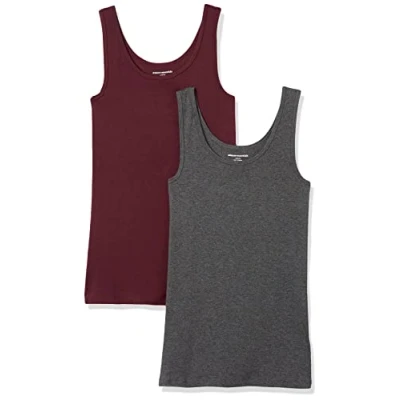 Image of Amazon Essentials Women&#039;s Slim fit Tank, Pack of 2, Burgundy/Charcoal Heather, XL