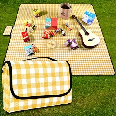 Image of GUSUWU Picnic Blanket Waterproof Beach Rug Mat Washable Lightweight with Handle Yellow Checkered for Hiking Travelling Outdoor Camping,Parks,200cm * 200cm