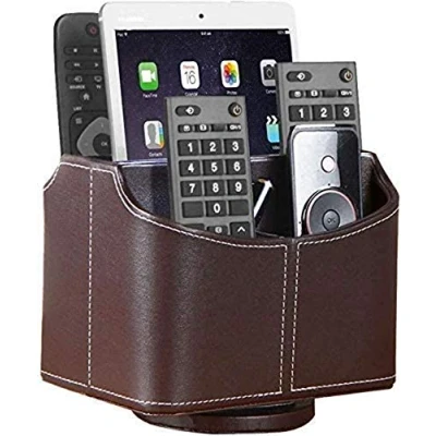 Image of Esyhomi Remote Control Holder Organizer Storage Box Case PU Leather Coffee Table 360 Degree Rotatable, TV Controller for Spinning Guide/Mail/Media Desktop Caddy