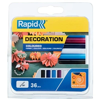 Image of Rapid Coloured Multi Purpose Hot Glue Sticks, 7mm Diameter x 65mm Length, Yellow, Green, Red, Black and Purple, 125g, 5001363