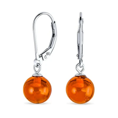Image of Simple Round Basic Gemstone Honey Cognac Amber 8MM Bead Ball Drop Dangle Earrings For Women Teen Lever back .925 Sterling Silver
