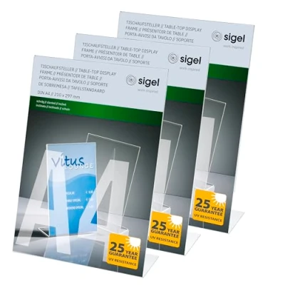 Image of SIGEL TA210 Sign Holder, slanted, for A4, single sided presentation, uv resistant acrylic, transparent, 3 Pieces