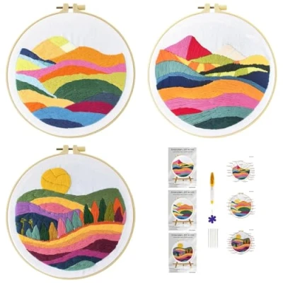 Image of 51buyoutgo 3pcs Embroidery Kit, Easy Mountain Landscape Starter Patterns Kits Set for Adults Beginners Including Pattern Cloth, Color Thread, Needles, Hoop, Scissors, Instructions