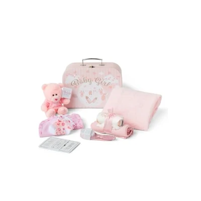 Image of Baby Box Shop Girl Gifts, Newborn Essentials, Ideal Shower Gifts Includes a Teddy Bear &amp; 8 Double Sided Milestone Cards in Cute Rose Hamper