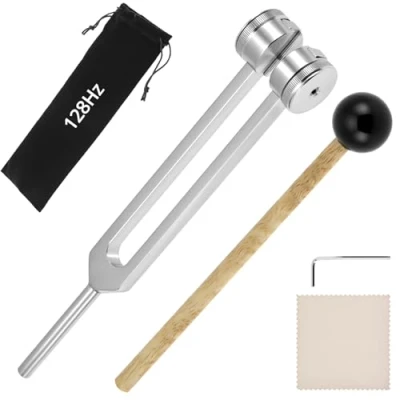 Image of QWORK® Tuning Fork 128 Hz Aluminium Alloy with Silicone Hammer and Bag for Sound Therapy, Meditation, Healing Therapy Tool Set