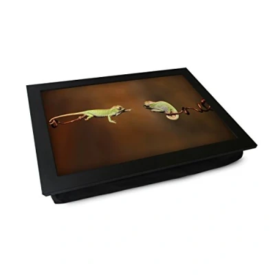 Image of Extra Large Portable Lap Desk Tray (Chameleons) Wide Multi Purpose Handmade Wooden Frame, Big Beanbag Cushion Bottom Computers, Laptops, Meals, Food 49.8cm XL19 Black