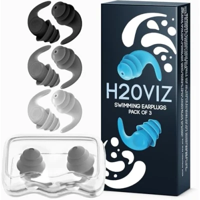 Image of H20VIZ Pro Swim Ear Plugs 3 Pairs Waterproof, Reusable Silicone Earplugs for Swimming, Surfing, Snorkeling &amp; All Water Sports (Black, White, Grey, Pairs)