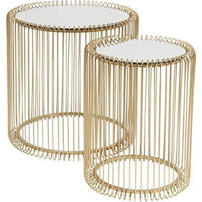 Image of Kare Design Side Table Wire Brass, Gold, Set of Two, Round, Diameter 44 cm, 33 Steel Rack, Safety Glass Tabletop, Modern for Living Room, Bedroom