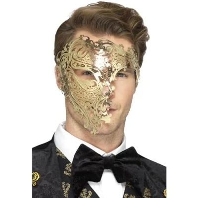 Image of Smiffys Deluxe Metal Filigree Phantom Mask, Gold , Eyemasks Fancy Dress, Adult Dress Up Eye masks