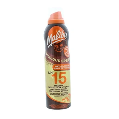 Image of Malibu Sun SPF 15 Continuous Dry Oil Spray for Tanning with Shea Butter Extract, Medium Protection, Water Resistant, 175ml