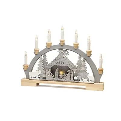 Image of Konstsmide LED Candle Arch Nativity Motif Wooden Table Decoration Transformer or Battery Operation (Excl.) 10 Warm White Diodes Transparent Cable, Wood, Grey Christmas Decorations