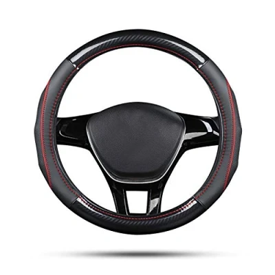 Image of Ergocar Sport Carbon Fiber &amp; First Layer Cowhide Car Steering Wheel Cover Non slip Protector Universal For Diameter 38cm(15&quot;) (Black red)