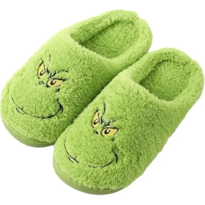 Image of ENIXWH Grinch Slippers Christmas Happy for Women Men Funny Plush Winter Warm Fluffy Slippers, a, 9.5/10 UK