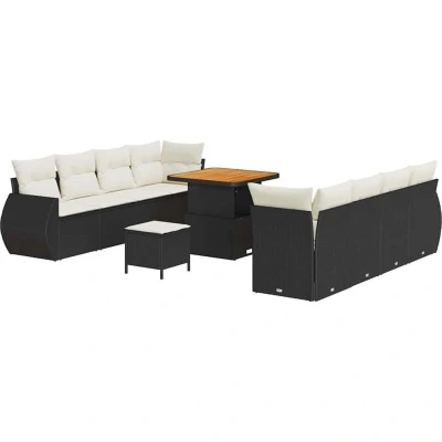 Image of vidaXL 11 Piece Garden Sofa Set with Cushions Black Poly Rattan Acacia