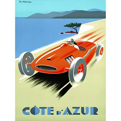 Image of Wee Blue Coo Travel Tourism Cote D&#039;azur Fast Car Speed Convertible France Sea Large Art Print Poster Wall Decor 18x24 inch