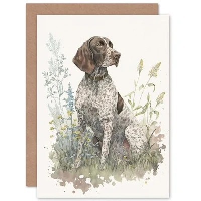 Image of Artery8 German Pointer Dog Sitting in Field Modern Detailed Pastel Watercolour Illustration Art Birthday Sealed Greeting Card Plus Envelope Blank inside