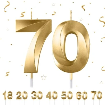 Image of 70th Birthday Number Candles,3D Gold Candle,Number 70 Candle for Party Cake Topper Decorations Woemn Men Anniversary Supplies