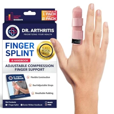 Image of Doctor Developed Finger Splint &amp; Handbook Trigger Finger, Arthritis, RSI Fits Ring, Index, Pinky Middle 2 sizes (Pink, L/XL, Single)