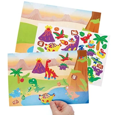 Image of Baker Ross FC806 Dinosaur Sticker Scene Kits Pack of 5 Kits, Self Adhesive Stickers for Kids, Crafts Children