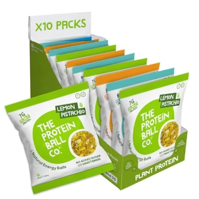 Image of Protein Balls Vegan Mixed Variety Pack by The Ball Co Natural, Plant Based Snacks with Added Vitamins 10 x 45g Bags High Fibre, Gluten Free, No Artificial Sweeteners