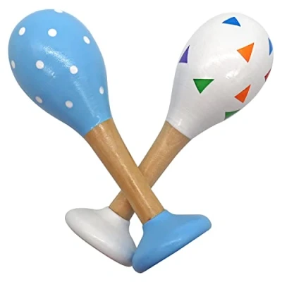 Image of PREMYO Baby Rattle Maracas Wooden Musical Instruments for Toddlers Newborn Sensory Toys Circles Tirangles Blue