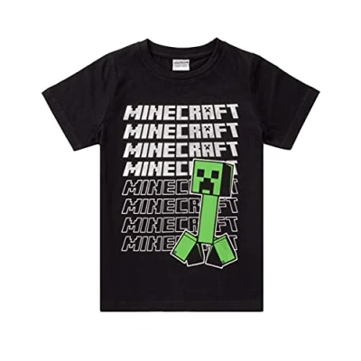 Image of Minecraft T Shirt Boys Kids Repeated Logo Short Sleeve Black Top Childrens Creeper Merchandise 9 10 Years