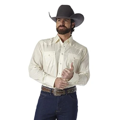 Image of Wrangler Men&#039;s Sport Western Two Pocket Long Sleeve Snap button down shirts, Light Tan, L UK