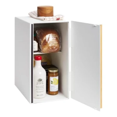 Image of YAMAZAKI 5682 TOSCA Bread Case Tall, white, Steel/Wood, Minimalist, 22 x 36 41 cm