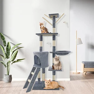 Image of Cat Scratching Post, 140cm Multi Level Tree Tower, Large Scratcher Trees and Towers with Sisal hanging toys, Activity Center Pet Furniture Kitten House, Grey