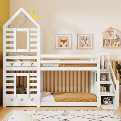 Image of I0I&amp;I0I Bunk Bed Storage Children Cabin Single with Window for Kids, Twin Sleeper 190x90 cm, Solid Pine Wood,3FT (White)
