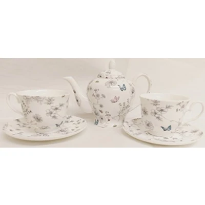 Image of Secret Garden Tea Set for Two Fine Bone China Hand Decorated in The UK Flowers Butterflies and Bees 1 Teapot 2 Cups &amp; Saucer Free Delivery