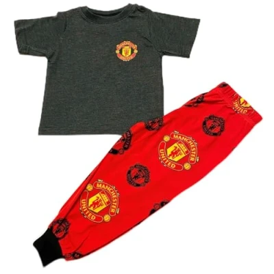 Image of Manchester United F.C. Official FC Boys T Shirt &amp; Long Pants Pyjama PJ Set MUFC Pyjamas Nightwear Children Kids (as8, age, 7_years, 8_years, regular, 7 8 Years), Grey, Red