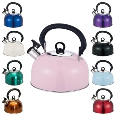 Image of Buckingham 30811 Colour Coated Stainless Steel Camping Whistling Kettle with Heat Resistant Phenolic Handle, Pink, 2.5 Litre, liters