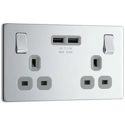Image of BG Electrical Screwless Flat Plate Double Switched Fast Charging, Power Socket with Two USB Charging Ports, 13 A, Polished Chrome Grey Inserts