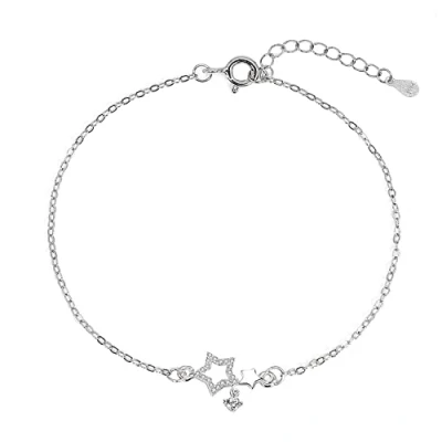 Image of 通用 Star Silver Bracelet for Women Girls, Sterling with Cubic Zirconia Charm Adjustable Bracelets, Jewellery Birthday Girls Men sliver