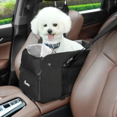 Image of Pawaboo Center Console Dog Car Seat, Booster Seat with Double Fixing &amp; Safety Leash, Portable Comfortable Pet Bed for Soft Plush, Travel Carseat Fits Under 15LBS Small