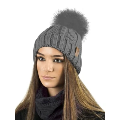 Image of TOSKATOK Ladies Womens Winter Rib Seed Stitch Beanie Bobble HAT with Warm Cosy Fleece Liner &amp; Large Faux Fur Pom Grey
