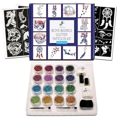 Image of Ingala Premium Glitter Tattoo Kit for Boys and Girls Unique Professional Tattoos Kids Adults 74 Amazing Stencils 2 XL (15ml) Glue