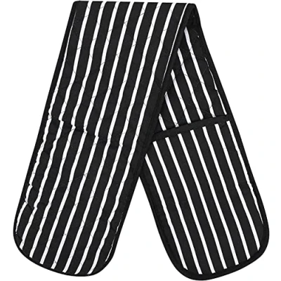 Image of Double Oven Gloves Butcher Quilted Stripe Heat Resistant Mitts Pot Holder Mitt 100% Cotton For Baking and Cooking Black Glove
