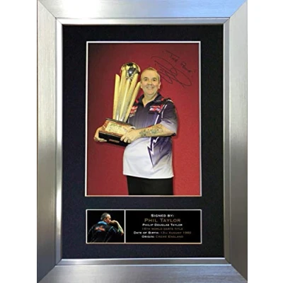 Image of PHIL TAYLOR Signed Autograph Mounted Photo Reproduction PRINT A4 Rare Perfect Birthday (297 x 210mm) #299 (Silver Frame)