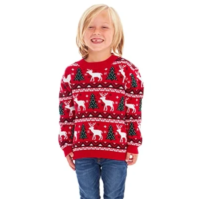 Image of Boys Girls Kids Children Unisex Christmas Xmas Knitted Novelty, Retro, Elf, Football Jumper Sweater (as8, Age, 11_Years, 12_Years, Regular, Red Fairisle Kids, 11 12 Years)