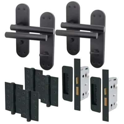 Image of EAI Black Bathroom Door Handle Set 2 Pairs of Matt Internal Lever T Bar Handles on Backplate with Hinges (76mm) &amp; Locks (64mm) Oliena Range
