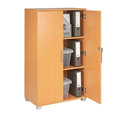 Image of MMT Storage Cabinet Cupboard 2 Door Lockable Filing Tall Beech Wood for Home, Office Documents, Files, Kitchen, Pantry &amp; Garage