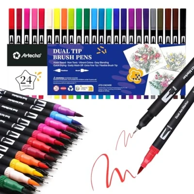 Image of Artecho 24 Dual tip brush Pens，Colouring pens for Adult，Colouring Books，Calligraphy，Drawing，Sketching, nylon Artists，Beginners