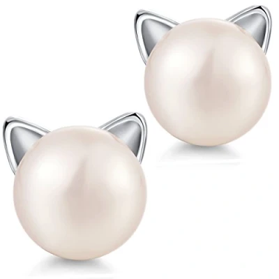 Image of Pearl Cat Earrings,Sterling Silver Ear Stud Earrings,Freshwater White Earrings,Cultured Studs Earrings,Silver Earrings,Sweet Earrings,Women Girls Earrings