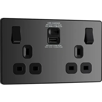 Image of BG Electrical Evolve Double Switched Power Socket with USB C (30W) and A (2.1A) Charging Ports (3.1A)