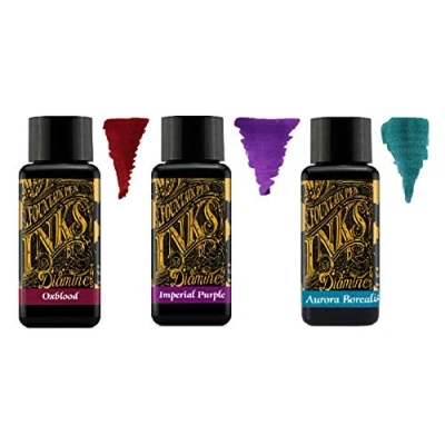 Image of Diamine 30ml Fountain Pen Ink 3 Pack Oxblood &amp; Imperial Purple Aurora Borealis