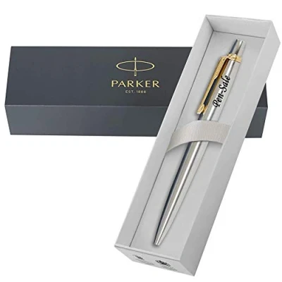 Image of Personalised Engraved Premium Parker Jotter Stainless Steel Gold Trim Ballpoint Pen in a Classy Gift Box, Custom Gifts for Christmas