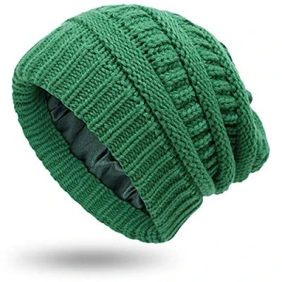 Image of XRDSS Women Warm Winter Hats Unisex Satin Lined Slouchy Cable Knitted Beanie Hat (Green)